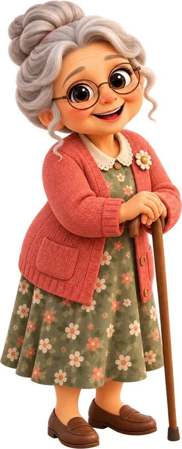 Oma Nate, the head of the zoo: a friendly older woman with a gray bun, glasses, a pink cardigan and a walking stick